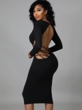 Women Spring Black Sexy V-neck Full Sleeves Solid Hollow Out Midi Bodycon Dress