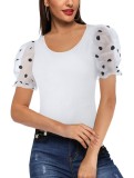 Women Summer White Sweet U-Neck Puff Sleeve Dot Print Regular Tops