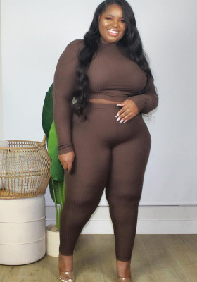 Women Spring Brown Sexy O-Neck Full Sleeves High Waist Solid Skinny Plus Size Two Piece Pants Set