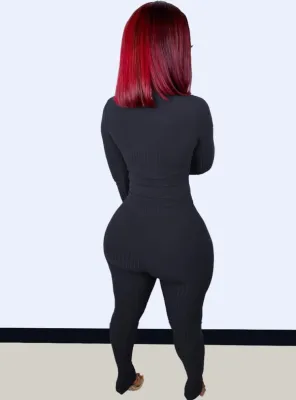 Women Spring Black Sexy O-Neck Full Sleeves Solid Skinny Two Piece Pants Set