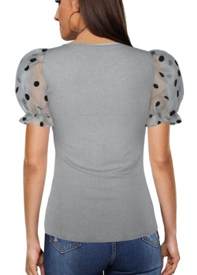 Women Summer Grey Sweet U-Neck Puff Sleeve Dot Print Regular Tops