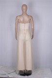 Women Summer Beige Sexy Strap Sleeveless Solid Mesh Hollow Out Full Length Loose Jumpsuit