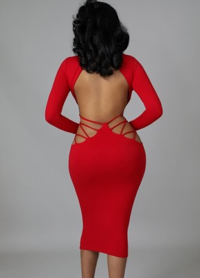 Women Spring Red Sexy V-neck Full Sleeves Solid Hollow Out Midi Bodycon Dress