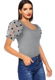 Women Summer Grey Sweet U-Neck Puff Sleeve Dot Print Regular Tops
