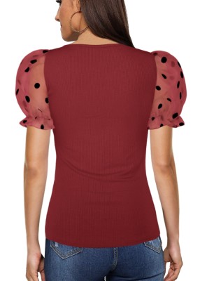 Women Summer Burgunry Sweet U-Neck Puff Sleeve Dot Print Regular Tops