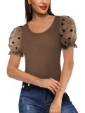 Women Summer Brown Sweet U-Neck Puff Sleeve Dot Print Regular Tops