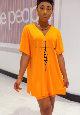 Women Summer Orange Casual V-neck Short Sleeves Print Loose Side Slit Two Piece Shorts Set