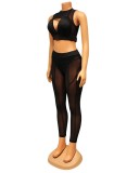 Women Summer Black Sexy O-Neck Sleeveless Patchwork Mesh Hollow Out Skinny Three Piece Pants Set