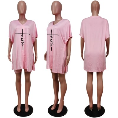 Women Summer Pink Casual V-neck Short Sleeves Print Loose Side Slit Two Piece Shorts Set