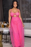 Women Summer Rose Sexy Strap Sleeveless Solid Mesh Full Length Loose Jumpsuit