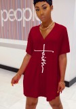 Women Summer Burgunry Casual V-neck Short Sleeves Print Loose Side Slit Two Piece Shorts Set