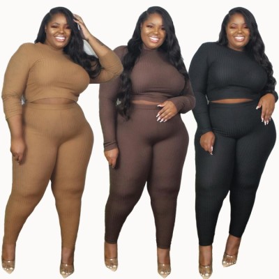 Women Spring Brown Sexy O-Neck Full Sleeves High Waist Solid Skinny Plus Size Two Piece Pants Set
