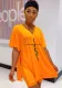 Women Summer Orange Casual V-neck Short Sleeves Print Loose Side Slit Two Piece Shorts Set