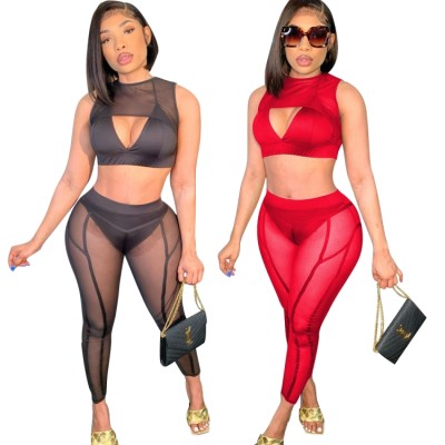 Women Summer Red Sexy O-Neck Sleeveless Patchwork Mesh Hollow Out Skinny Three Piece Pants Set