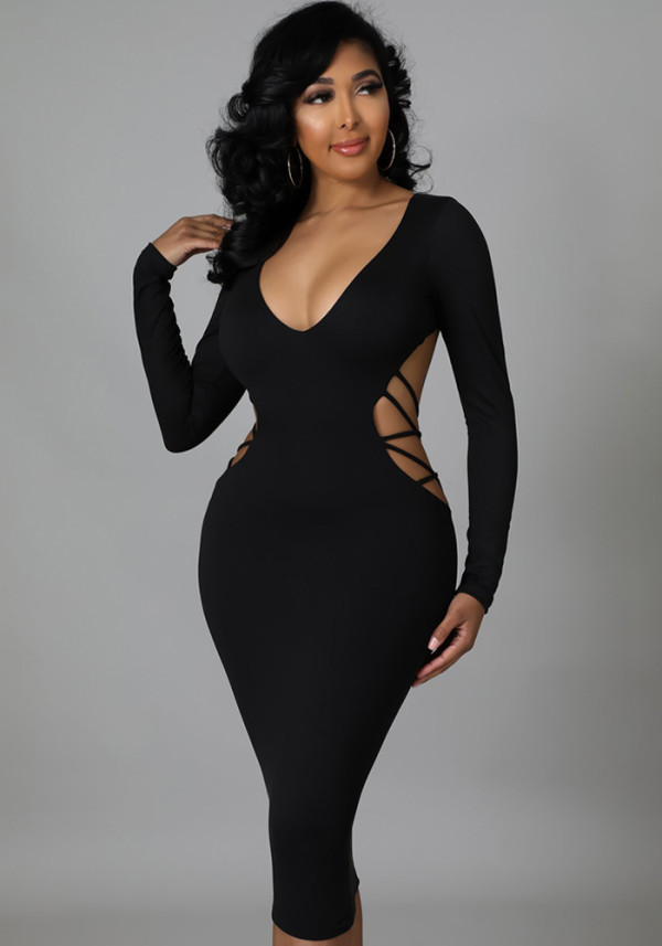 Women Spring Black Sexy V-neck Full Sleeves Solid Hollow Out Midi Bodycon Dress