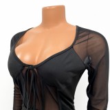 Women Spring Black Sexy V-neck Full Sleeves Patchwork Sheer Mesh Lace Up Sheath Midi Dress