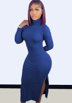 Women Spring Blue Sexy Turtleneck Full Sleeves Solid Slim Slit Long Dress