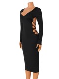 Women Spring Black Sexy V-neck Full Sleeves Solid Hollow Out Midi Bodycon Dress