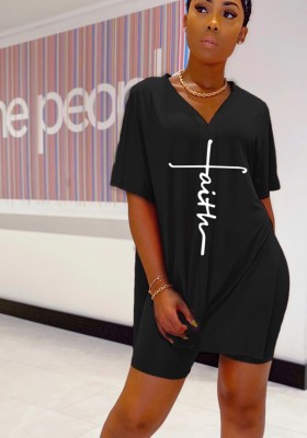 Women Summer Black Casual V-neck Short Sleeves Print Loose Side Slit Two Piece Shorts Set