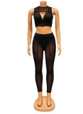 Women Summer Black Sexy O-Neck Sleeveless Patchwork Mesh Hollow Out Skinny Three Piece Pants Set