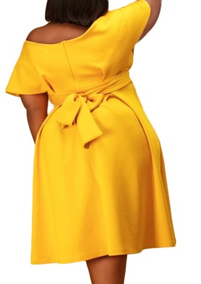 Women Summer Yellow Sweet Off-the-shoulder Short Sleeves Solid Belted Midi A-line Plus Size Party Dress