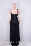 Women Summer Black Sexy Strap Sleeveless Solid Mesh Hollow Out Full Length Loose Jumpsuit