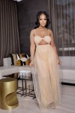 Women Summer Beige Sexy Strap Sleeveless Solid Mesh Hollow Out Full Length Loose Jumpsuit