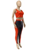 Women Summer Red O-Neck Sleeveless Vest Color Blocking Pant Yoga Sets