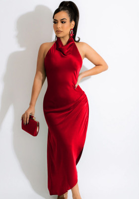 Women Summer Red Sexy V-neck Sleeveless Solid Satin Backless Maxi Dress
