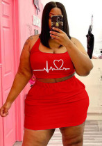 Women Summer Red Casual U-neck Sleeveless Print Vest Plus Size Two Piece Skirt Set