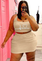 Women Summer Khaki Casual U-neck Sleeveless Print Vest Plus Size Two Piece Skirt Set