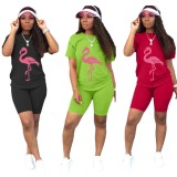 Women Summer Green Casual O-Neck Short Sleeves Animal Print Regular Two Piece Shorts Set