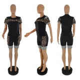 Women Summer Black Casual O-Neck Short Sleeves Leopard Print Regular Two Piece Shorts Set