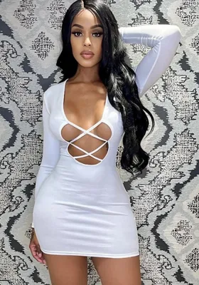 Women Spring White Sexy V-neck Full Sleeves Solid Lace Up Mini Sheath Club Dress