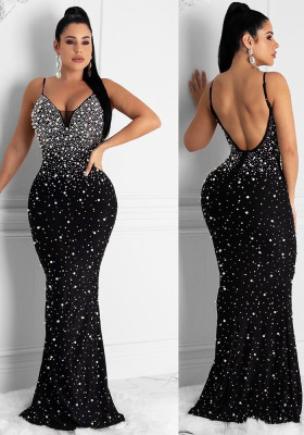 Women Summer Black Formal Strap Sleeveless Beading Mermaid Backless Evening Dress