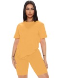 Women Summer Yellow Casual O-Neck Short Sleeves Letter Print Regular Two Piece Shorts Set