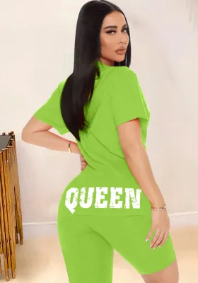 Women Summer Green Casual O-Neck Short Sleeves Letter Print Regular Two Piece Shorts Set