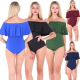 Women Summer Dark Blue Sexy Off-the-shoulder Short Sleeves Solid Ruffles Bodysuit