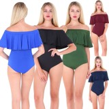 Women Summer Black Sexy Off-the-shoulder Short Sleeves Solid Ruffles Bodysuit