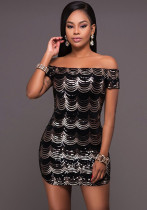 Women Summer Sexy Off-the-shoulder Short Sleeves Sequined Mini Straight Club Dress