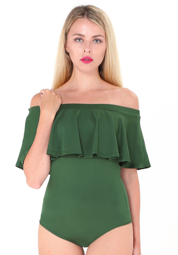 Women Summer Green Sexy Off-the-shoulder Short Sleeves Solid Ruffles Bodysuit