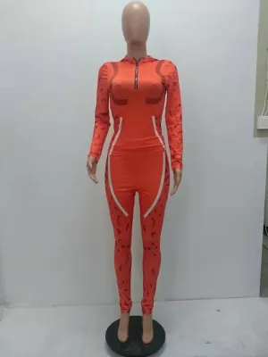 Women Spring Orange Hooded Full Sleeves Printed Zippers Tight Full Length Sweatsuit