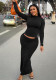 Women Spring Black Casual O-Neck Full Sleeves Regular MidiTwo Piece Skirt Set