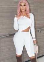 Women Spring White Sexy V-neck Full Sleeves Solid Skinny Two Piece Shorts Set