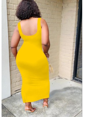 Women Summer Yellow U-Neck Sleeveless Character Print Midi Asymmetrical Tank Dress