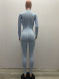 Women Spring Light Blue Casual Full Sleeves Zippers Full Length Skinny Jumpsuit