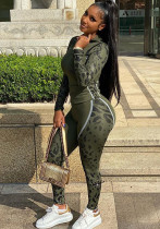 Women Spring Green Hooded Full Sleeves Printed Zippers Tight Full Length Sweatsuit