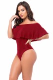 Women Summer Red Sexy Off-the-shoulder Short Sleeves Solid Ruffles Bodysuit