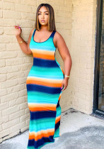 Women Summer Stripes Print U-neck Sleeveless Casual Long Dress