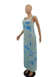 Women Summer Light Blue Printed U-neck Sleeveless Casual Long Dress